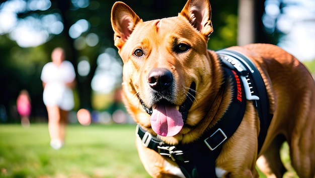 Un chien marron portant un harnais noir avec le mot police dessus.