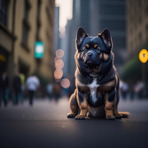 Un chien avec un masque est assis au milieu d'une rue.