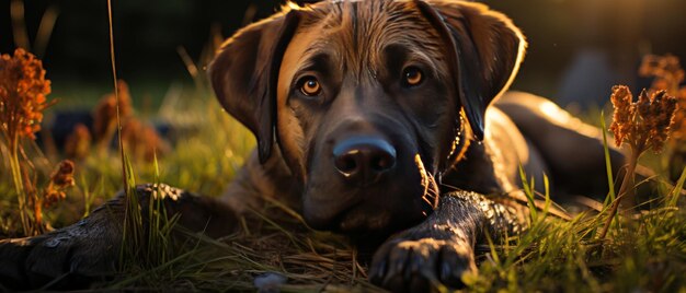 Photo un chien mastiff serein qui se prépare à la lumière dorée du coucher du soleil.