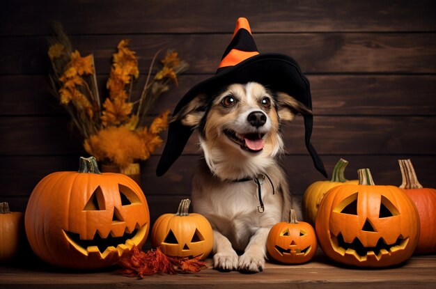 Un chien métis dans un costume d'Halloween Un chien dans un chapeau de sorcière