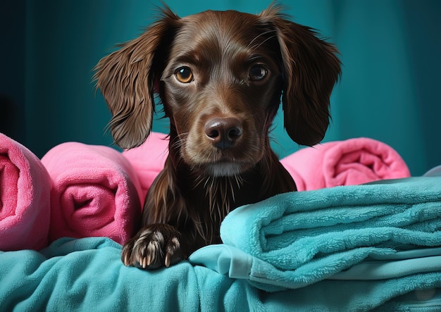 Chien mignon après un bain Chien enveloppé dans une serviette Concept de soins pour animaux de compagnie