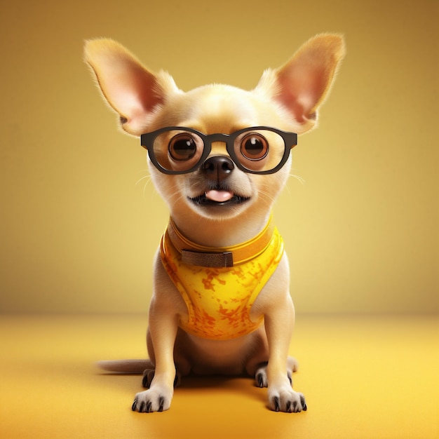 Chien mignon arrière-plan lunettes chihuahua animal de compagnie regardant portrait jaune chiot AI générative