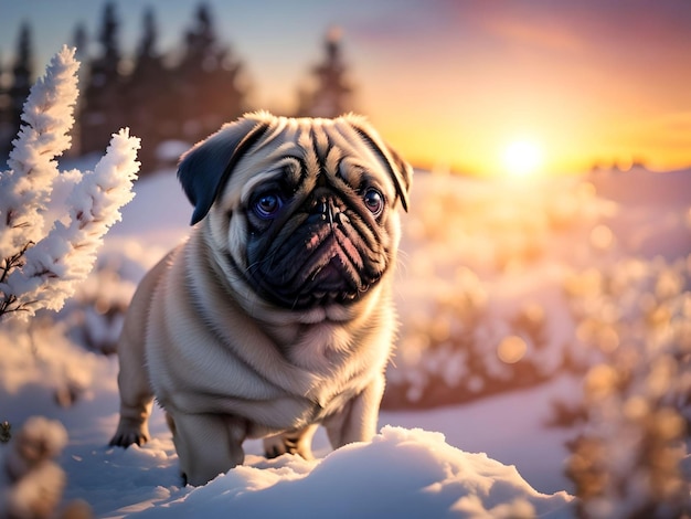 un chien mignon assis sur un champ de fleurs d'herbe au coucher du soleil une lumière chaude à l'arrière-plan Bokeh généré par l'IA