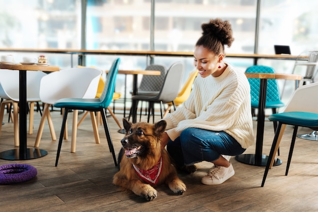 Photo chien mignon. belle femme brune en regardant son chien mignon tout en venant à la boulangerie le week-end