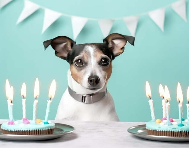 Chien mignon avec chapeau de fête et gâteau d'anniversaire