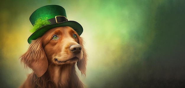 Chien mignon avec chapeau vert St Patrick's Day sur fond coloré flou AI générative