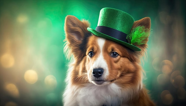 Chien mignon avec chapeau vert St Patrick's Day sur fond coloré flou AI générative