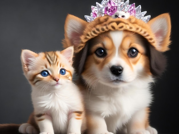 Un chien mignon avec un chaton sur la tête ai généré