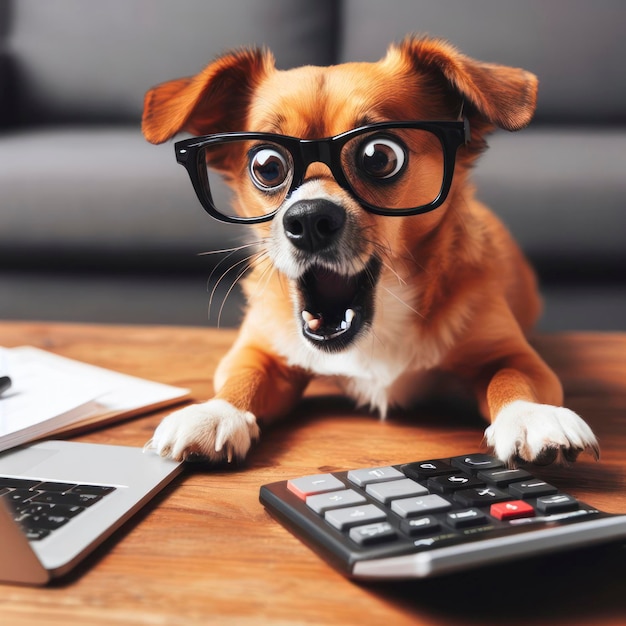 Un chien mignon choqué dans des verres avec la bouche ouverte regarde la calculatrice ai générative