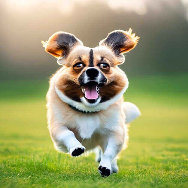 Chien mignon courant en riant et portant des lunettes