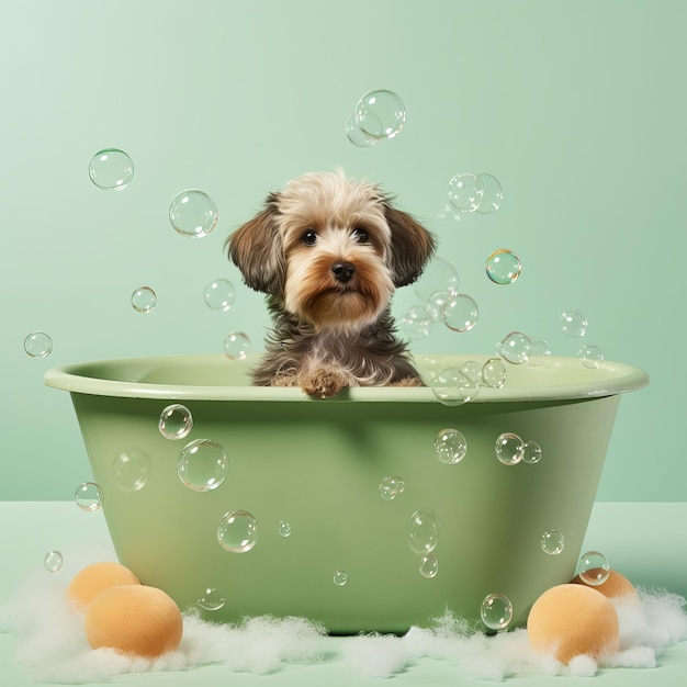 Chien mignon dans une baignoire