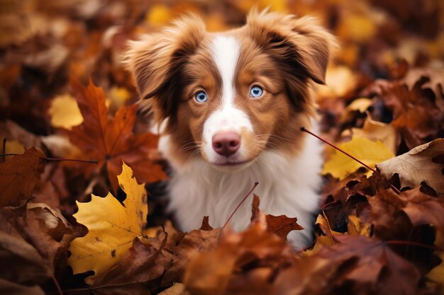 Chien mignon dans les feuilles d'automne