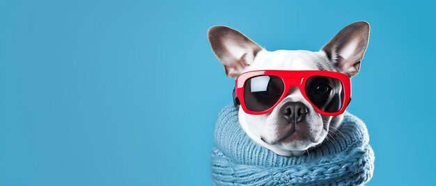 Un chien mignon et drôle souriant pendant les vacances d'hiver en train de skier Une bannière de chaton large avec un espace de copie sur le côté