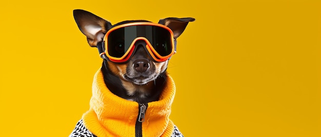 Un chien mignon et drôle souriant pendant les vacances d'hiver en train de skier Une bannière de chaton large avec un espace de copie sur le côté