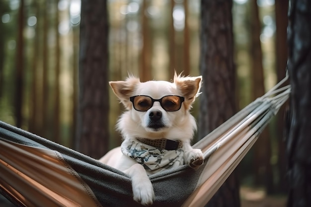 Chien mignon est assis sur un hamac dans une pinède ai générative