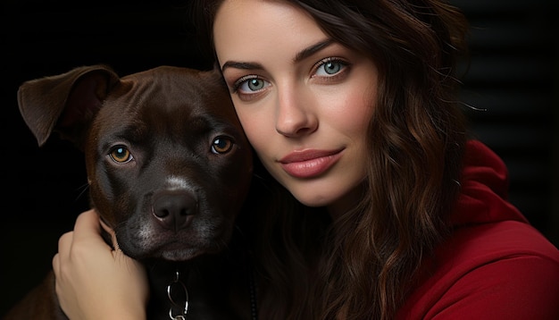 Un chien mignon et une femme souriant regardant la caméra, l'amour pur généré par l'intelligence artificielle