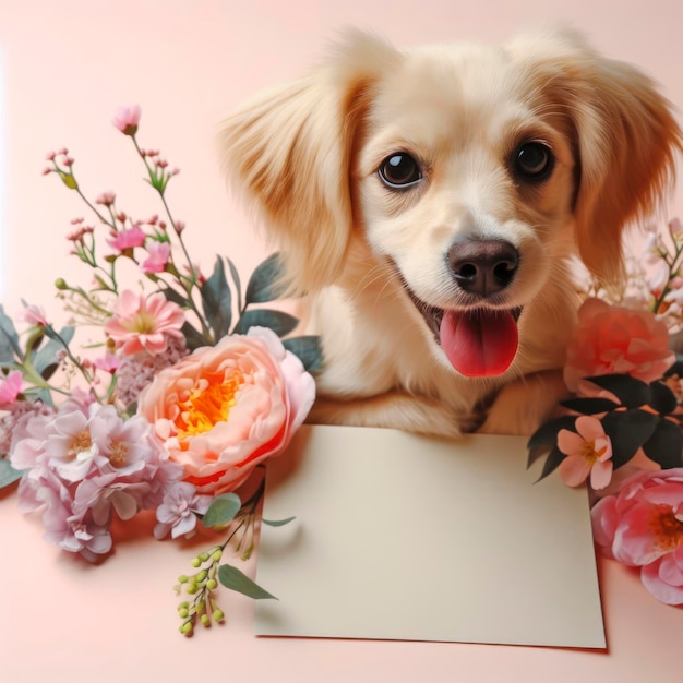 chien mignon avec des fleurs ai génératif