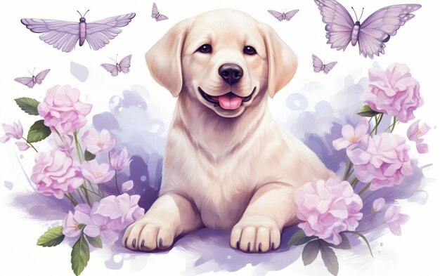 Chien mignon avec des fleurs Aquarelle Art génératif Ai