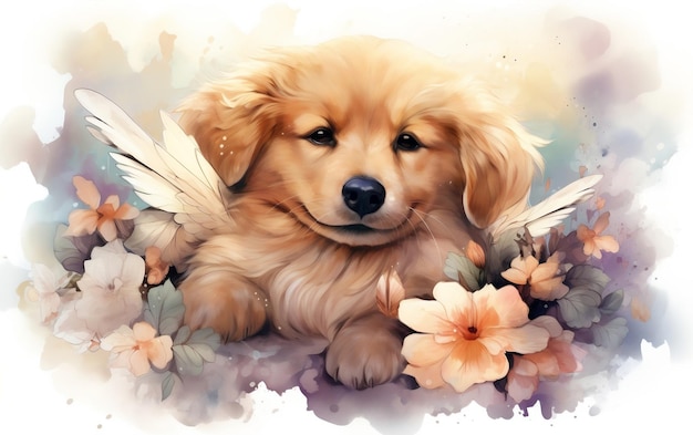 Chien mignon avec des fleurs Aquarelle Art génératif Ai