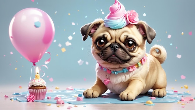 Chien mignon avec gâteau d'anniversaire et fond coloré