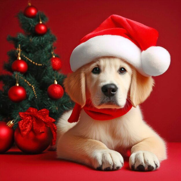 chien mignon habillé avec un chapeau de Père Noël ai génératif