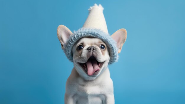 chien mignon heureux et drôle portant un chapeau de fête célébrant son anniversaire sur le studio bleu Generative AI