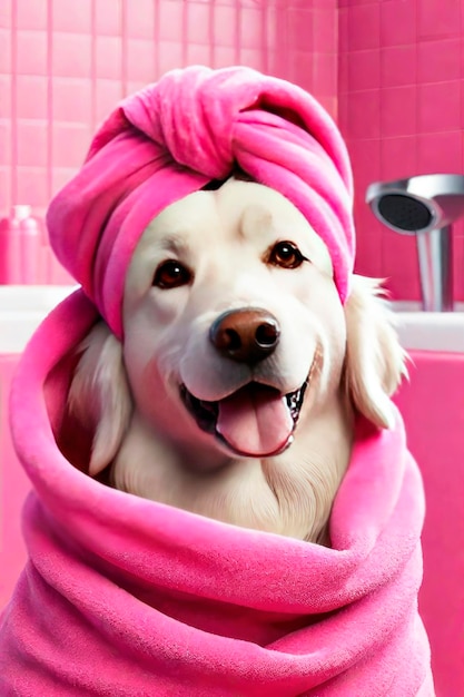 Un chien mignon et heureux se détend dans un salon de beauté. Une journée de spa dans le style Barbie Pink.