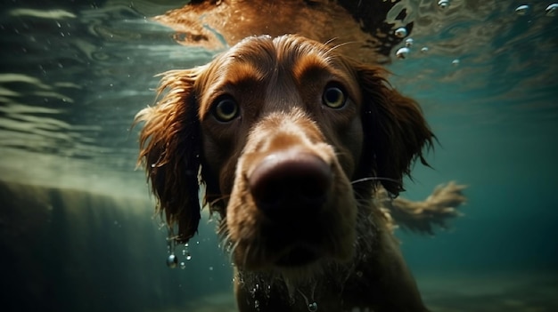 Chien mignon plongeant sous l'eau dans la piscine par une journée ensoleillée générée par l'IA