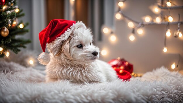 chien mignon portant un bonnet de Noel