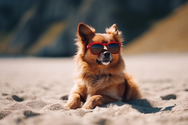 Chien mignon portant des lunettes de soleil à la plage Generative AI