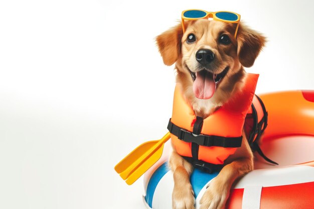 un chien mignon porte un gilet de sauvetage et un dispositif de flottaison isolé sur un fond blanc solide et lumineux ai génératif