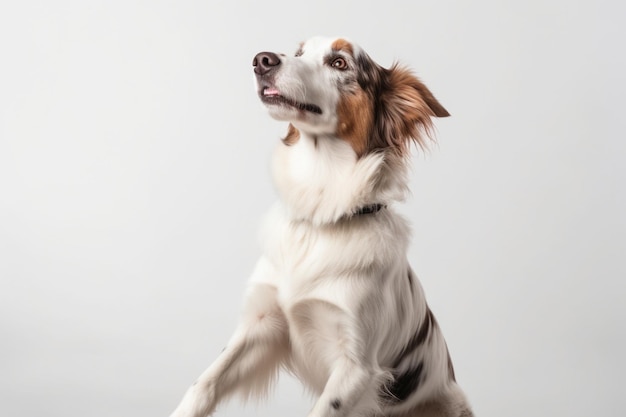 Chien mignon Portrait de beau chien debout sur ses pattes arrière faisant des commandes isolées sur fond de studio blanc