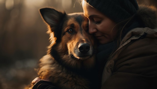 Chien mignon et propriétaire s'embrassent dans la forêt d'automne générée par l'IA