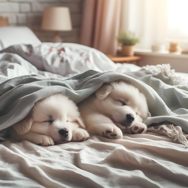 Un chien mignon qui dort sur le lit.