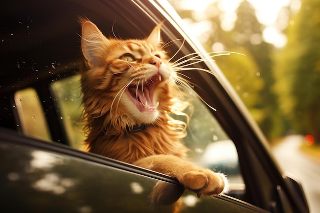 Chien mignon regardant par la fenêtre de la voiture généré par l'IA