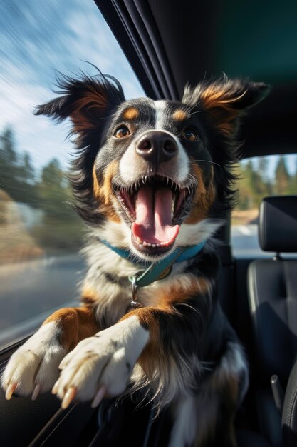 Chien mignon regardant par la fenêtre de la voiture généré par l'IA