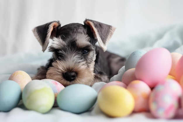 Chien mignon se reposant à côté d'une pile d'œufs colorés Generative AI