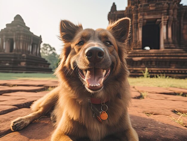 Un chien mignon sourit en prenant un selfie devant Angkor Wat au Cambodge