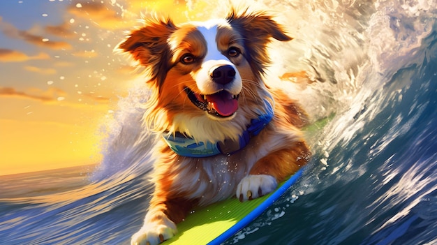 chien mignon surfant sur l'océan