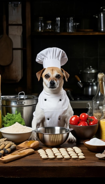 Un chien mignon et talentueux prépare des repas délicieux et nutritifs pour les animaux dans la cuisine.