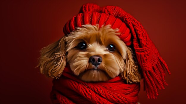 Photo chien mignon vêtu d'une écharpe rouge et d'un chapeau avec un espace de copie