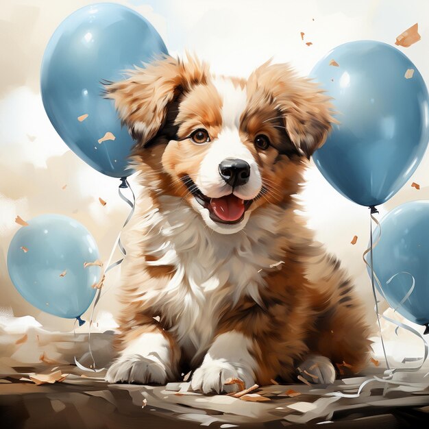 Un chien mignon vole sur des ballons bleus illustration à l'aquarelle