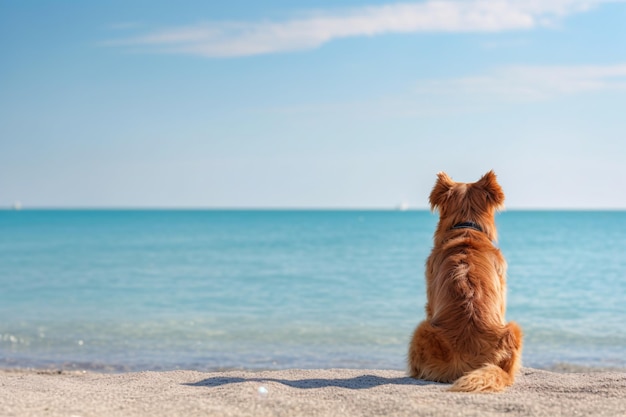 Un chien moelleux assis sur la plage regardant vers l'océan créé avec la technologie d'IA générative