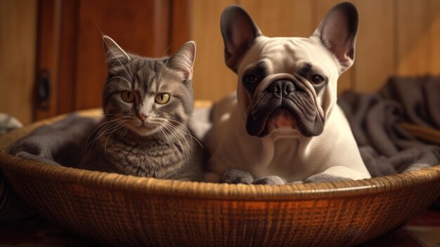 Chien moelleux et chat poilu regardent la caméra assis sur le canapé