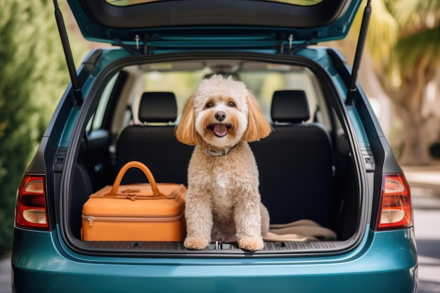 Un chien moelleux est assis dans un coffre de voiture, prêt pour un voyage