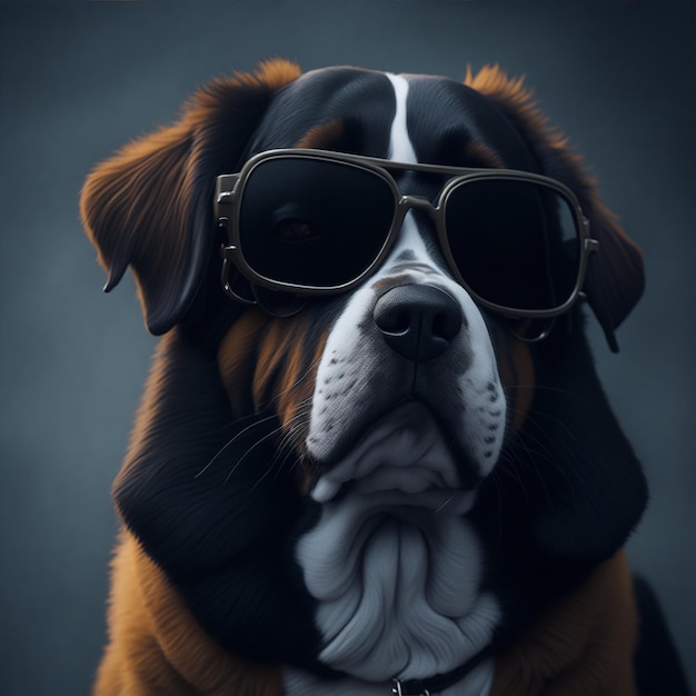 Un chien moelleux et réaliste portant des lunettes de soleil, un animal obèse.