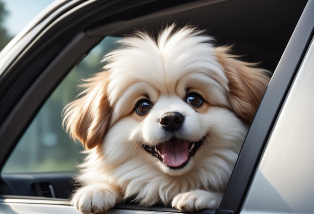 Un chien moelleux regardant par la fenêtre de la voiture AI générative