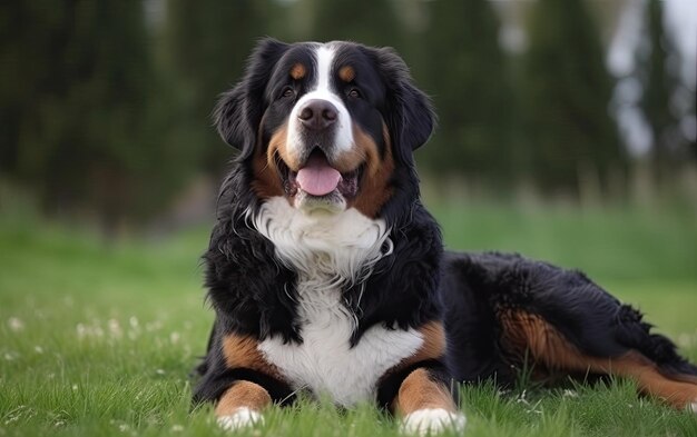 Le chien de montagne bernois est assis sur l'herbe dans le parc généré par la publicité professionnelle