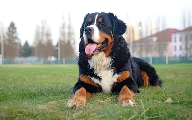 Le chien de montagne bernois est assis sur l'herbe dans le parc généré par la publicité professionnelle