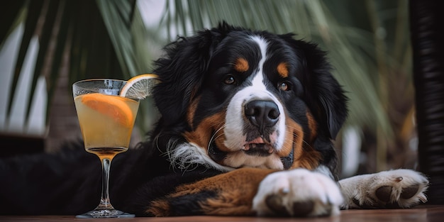 Le chien de montagne bernois est en vacances d'été dans une station balnéaire et se repose sur la plage d'été d'Hawaï